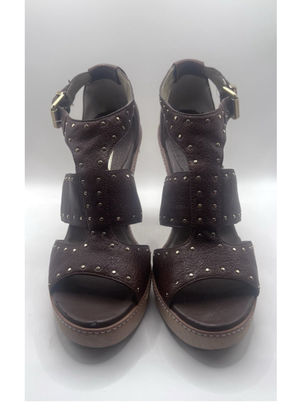 Banana Republic Bonnie Studded Sandals Womens 9 Strap Platform Heels Brown Gold - Picture 2 of 14